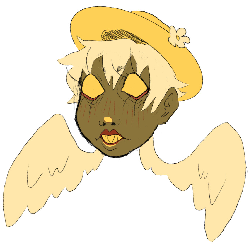 ambiguous_gender angel angel_humanoid bangs clothing dreamscreep eyelashes feathered_wings feathers floating_head hair hat headgear headwear hi_res humanoid sharp_teeth solo teeth winged_humanoid wings yellow_eyes yellow_teeth