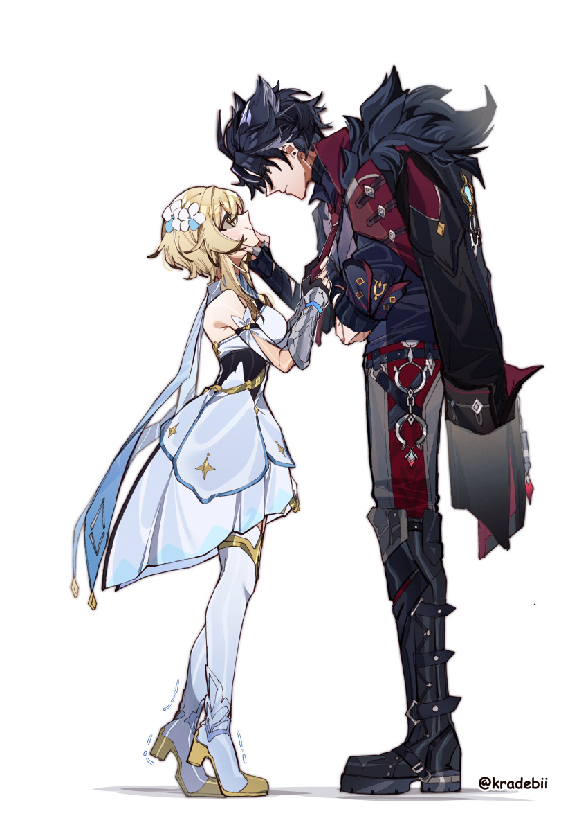 1boy 1girl absurdres black_gloves black_hair blonde_hair blush breasts closed_mouth dress face_grab fingerless_gloves flower genshin_impact gloves hair_between_eyes hair_flower hair_ornament hand_on_another's_face height_difference highres jewelry kradebii looking_at_another lumine_(genshin_impact) necktie red_necktie short_hair short_hair_with_long_locks tiptoes trembling white_dress wriothesley_(genshin_impact) yellow_eyes