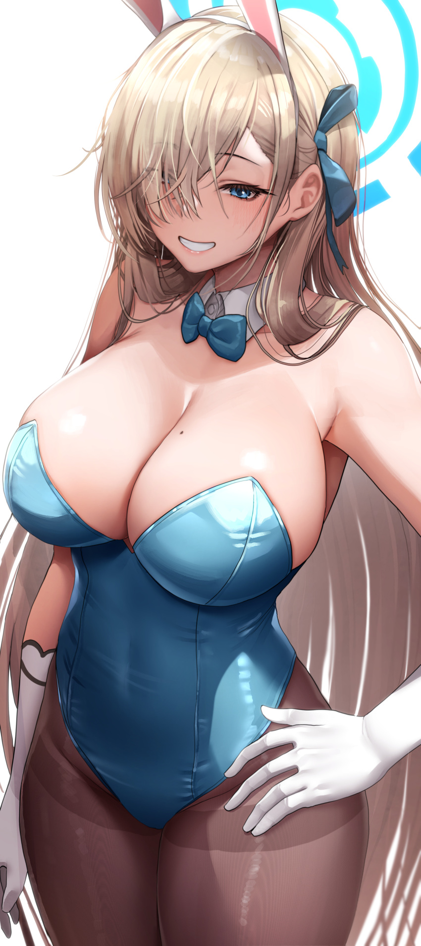 1girl absurdres animal_ears asuna_(blue_archive) asuna_(bunny)_(blue_archive) bare_shoulders blue_archive blue_bow blue_bowtie blue_halo blue_leotard blue_ribbon blush bow bowtie breasts brown_pantyhose cleavage clenched_teeth commentary cowboy_shot detached_collar doyoon_7 elbow_gloves fake_animal_ears gloves hair_over_one_eye hair_ribbon halo hand_on_own_hip highres large_breasts leotard light_brown_hair long_hair mole mole_on_breast pantyhose playboy_bunny rabbit_ears ribbon simple_background sleeveless smile solo standing teeth thighs white_background