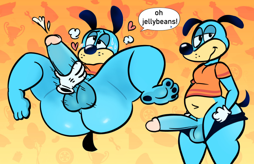anthro balls belly big_balls big_penis bodily_fluids canid canine canis cum disney dizzysauce_nsfw domestic_dog feet flippy_doggenbottom genital_fluids genitals hi_res jerked_silly male male/male mammal penis solo thick_thighs toontown_online toony