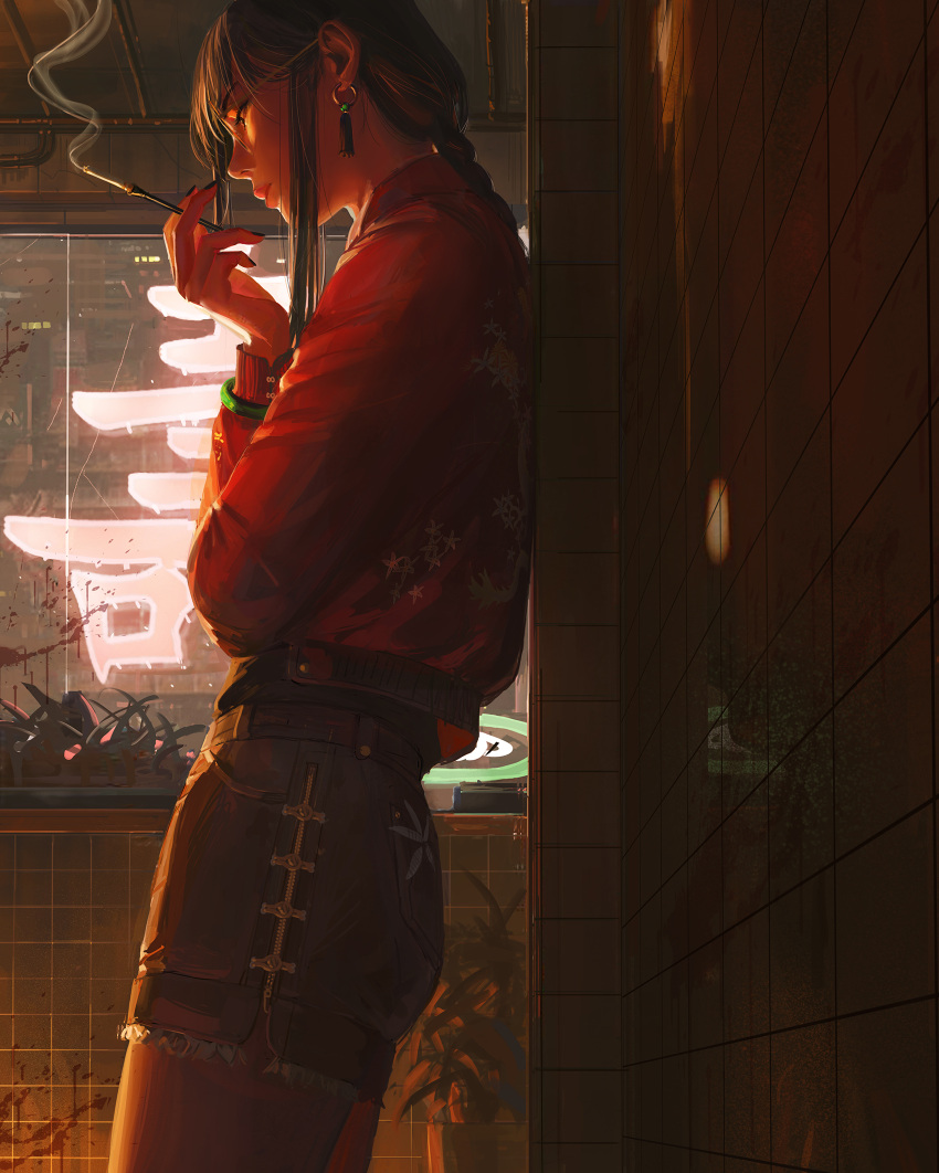 1girl between_fingers black_hair black_shorts blood braid cigarette closed_mouth commentary earrings guweiz highres holding indoors jacket jewelry long_hair long_sleeves neon_lights original profile red_jacket short_shorts shorts single_braid solo symbol-only_commentary tile_wall tiles window