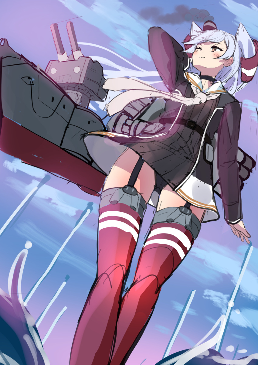 1girl amatsukaze_(kancolle) amatsukaze_kai_ni_(kancolle) black_dress black_panties blue_sky brown_dress brown_eyes cloud dress dutch_angle feet_out_of_frame garter_straps grey_hair hair_tubes hat highres kantai_collection long_hair machinery mini_hat osananajimi_neko panties red_thighhighs sailor_dress short_dress sky smokestack_hair_ornament solo striped striped_thighhighs thighhighs two_side_up underwear unfinished