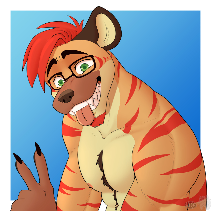 absurd_res anthro body_hair chest_hair chest_tuft eyewear flicklock gesture glasses hi_res hyena male mammal portrait solo striped_body stripes tongue tongue_out tuft v_sign