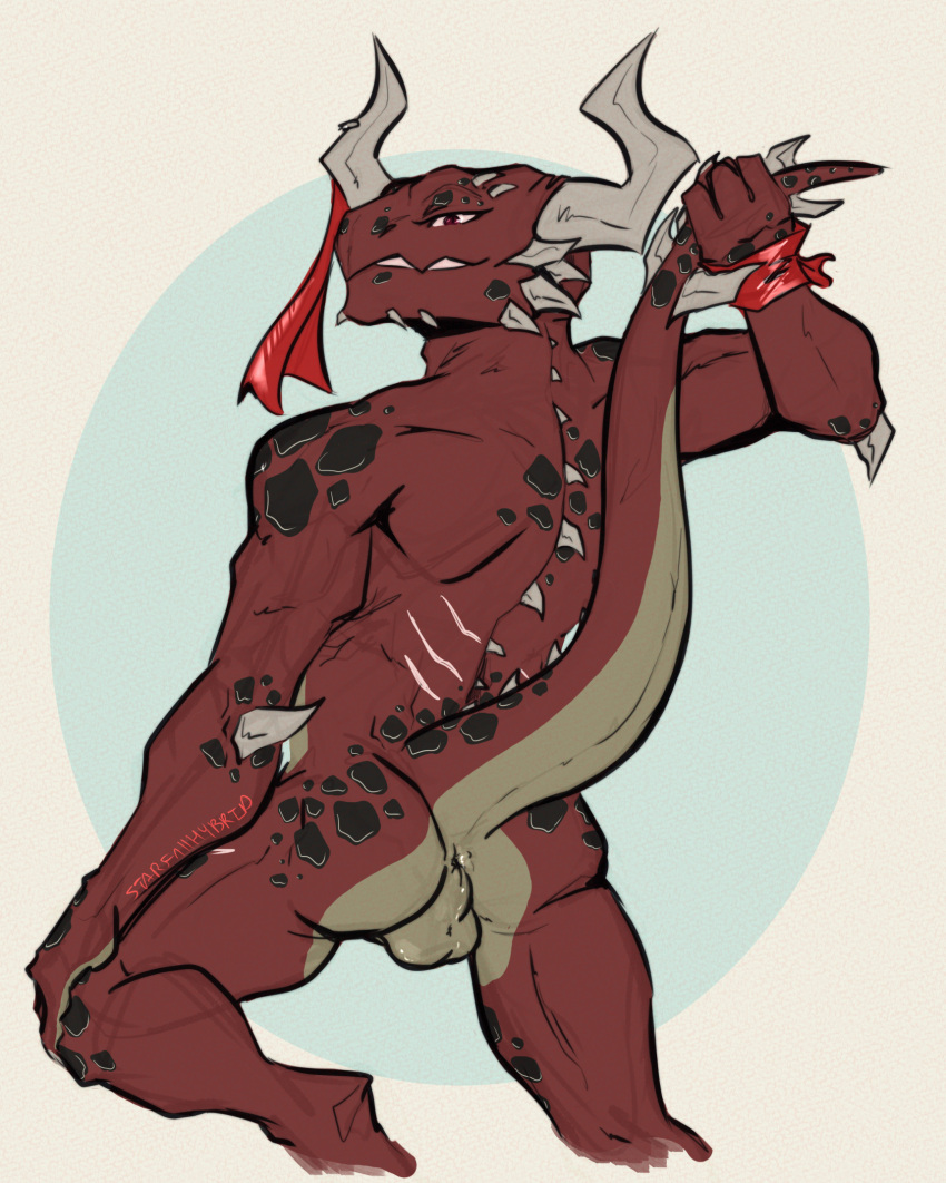 anthro anus back_spikes balls butt demon furgonomics furry-specific_piercing garron_(starfallhybrid) genitals hi_res horn horn_piercing humanoid looking_at_viewer male muscular muscular_male nude piercing raised_tail red_body sash scalie scar seductive smile solo spiked_tail spikes spikes_(anatomy) starfallhybrid_(artist) tail