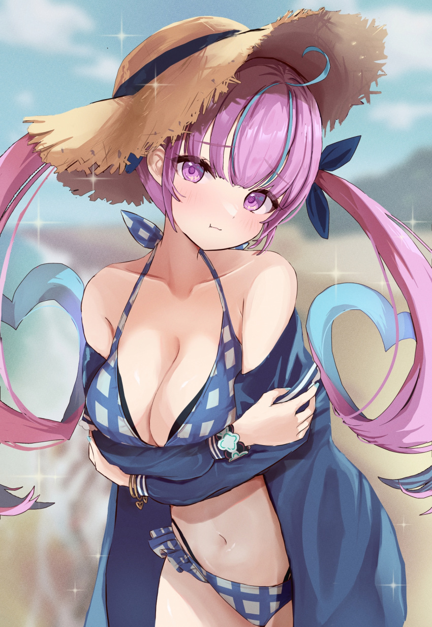 1girl absurdres ahoge bare_shoulders beach bikini blue_hair blue_jacket blue_ribbon blunt_bangs blush breasts cleavage colored_inner_hair hair_ribbon hat highres hololive jacket large_breasts long_hair looking_at_viewer minato_aqua multicolored_hair navel off_shoulder open_clothes open_jacket outdoors plaid plaid_bikini pokeeeo_o purple_eyes purple_hair ribbon solo straw_hat streaked_hair swimsuit twintails two-tone_hair virtual_youtuber