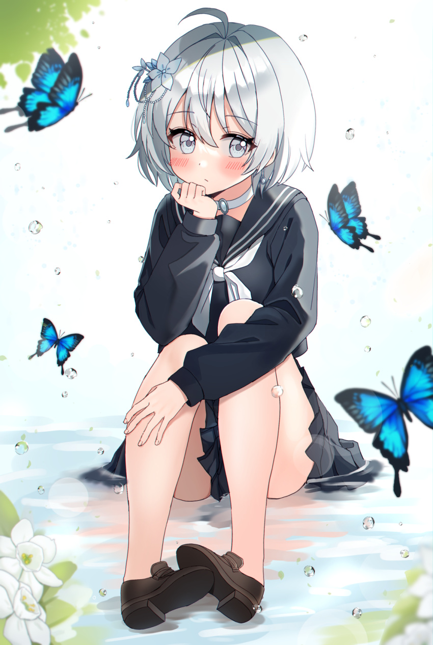 1girl ahoge animal black_footwear black_sailor_collar black_serafuku black_shirt black_skirt blush bug butterfly choker closed_mouth commentary_request commission full_body grey_eyes grey_hair hair_between_eyes hair_intakes highres knees_up kubong loafers long_sleeves neckerchief original puffy_long_sleeves puffy_sleeves sailor_collar school_uniform serafuku shirt shoe_soles shoes sitting skirt solo water white_choker white_neckerchief