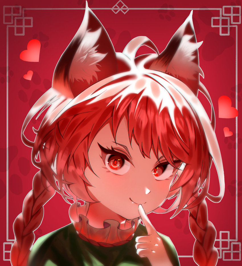 1girl animal_ear_fluff braid cat closed_mouth commentary_request dress fang fang_out finger_to_mouth green_dress hand_up heart highres kaenbyou_rin lips long_hair looking_at_viewer portrait red_background red_eyes red_hair simple_background solo touhou twin_braids yomatsuri_(festival_night)
