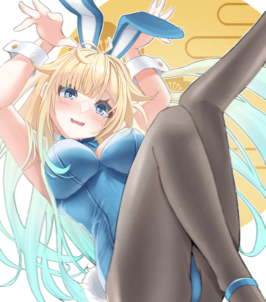 1girl 2023 absurdres aizawa_ema animal_ears armpits ass blonde_hair blue_eyes blue_footwear blue_hair blue_leotard blunt_bangs blush bow bowtie breasts detached_collar fake_animal_ears fake_tail gradient_hair grey_pantyhose hair_flaps highleg highleg_leotard highres large_breasts leg_up leotard light_blue_hair long_hair looking_at_viewer multicolored_hair mussan new_year open_mouth pantyhose paw_pose playboy_bunny rabbit_ears rabbit_tail solo strapless strapless_leotard tail traditional_bowtie very_long_hair virtual_youtuber vspo! wavy_mouth wrist_cuffs