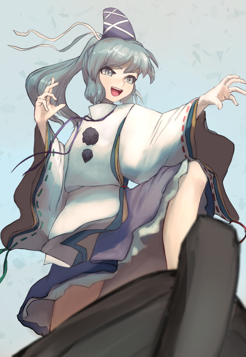 1girl absurdres black_ribbon boat commentary_request feet_out_of_frame flat_chest grey_eyes grey_hair grey_headwear hat highres japanese_clothes kariginu long_hair long_sleeves looking_afar mizuki_0630 mononobe_no_futo neck_ribbon open_mouth pom_pom_(clothes) ponytail posing purple_skirt ribbon ribbon-trimmed_sleeves ribbon_trim skirt smile solo standing tate_eboshi touhou watercraft wide_sleeves