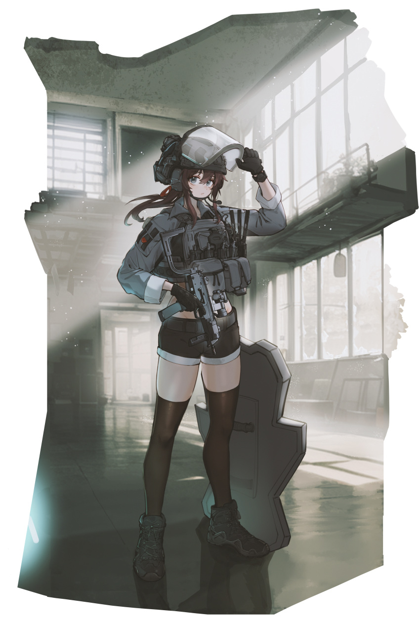 1girl absurdres ammunition_pouch black_footwear black_gloves black_shorts black_thighhighs blue_eyes broken_window brown_hair closed_mouth combat_helmet commentary commission ear_protection english_commentary flashlight full_body gloves grey_jacket gun h&amp;k_mp7 hair_between_eyes hand_up helmet highres holding holding_weapon indoors jacket light_particles long_hair long_sleeves magazine_(weapon) microphone optical_sight original plate_carrier pouch shield shoes short_shorts shorts sleeves_rolled_up solo submachine_gun tactical_clothes termichan_(not-a-bot) thighhighs trigger_discipline tuziki_sang visor_(armor) watch weapon