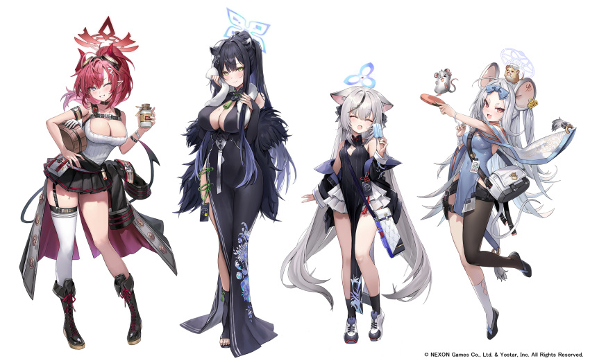 4girls animal_ears armband asymmetrical_legwear bag bare_shoulders black_choker black_dress black_footwear black_hair black_jacket black_skirt blue_archive blue_dress blue_eyes boots breasts bucket china_dress chinese_clothes choker cleavage cleavage_cutout clothing_cutout covered_navel demon_horns demon_tail dress feather_boa food freng frills full_body garter_straps green_eyes grin halo hand_on_own_hip highres holding holding_food holding_popsicle horns jacket kokona_(blue_archive) large_breasts long_hair looking_at_viewer megu_(blue_archive) miniskirt mouse_ears multicolored_hair multiple_girls nezusuke_(blue_archive) off_shoulder official_art one_eye_closed open_clothes open_jacket parted_bangs pelvic_curtain pleated_skirt pointy_ears ponytail popsicle red_eyes red_hair ribbed_shirt saya_(blue_archive) shirt short_dress shoulder_bag shun_(blue_archive) side_slit simple_background single_leg_pantyhose single_thighhigh skirt sleeveless sleeveless_dress sleeveless_shirt smile socks standing streaked_hair striped striped_dress sweatdrop tail thighhighs thighs very_long_hair white_background white_hair white_shirt white_socks white_thighhighs wooden_bucket