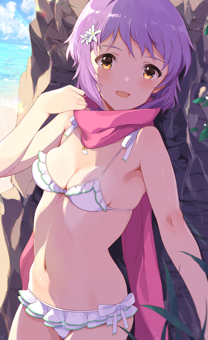 1girl against_rock beach bikini blue_sky blush breasts cloud commentary flower frilled_bikini frills hair_flower hair_ornament hand_up highres idolmaster idolmaster_million_live! jewelry looking_at_viewer makabe_mizuki navel necklace ocean pink_scarf plant purple_hair ribbon scarf shell shell_necklace short_hair sidelocks sky small_breasts smile solo stomach sunlight swimsuit tetsujin_momoko white_bikini white_ribbon yellow_eyes