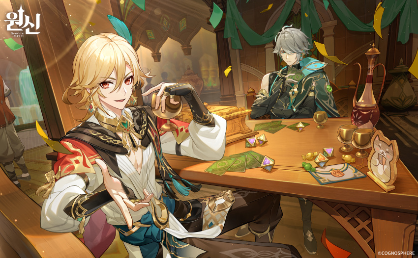 3boys absurdres ahoge alhaitham_(genshin_impact) arabian_clothes black_gloves black_shirt blonde_hair candy card casket closed_mouth copyright_name cup dice earrings english_commentary feather_hair_ornament feathers food genius_invokation_tcg genshin_impact gloves green_eyes grey_hair hair_between_eyes hair_ornament hair_over_one_eye highres holding holding_card indoors jewelry kaveh_(genshin_impact) korean_text logo long_sleeves looking_at_viewer male_focus manspreading multiple_boys official_art open_hand red_eyes shirt short_hair sitting smile standing table third-party_source v-shaped_eyebrows white_shirt