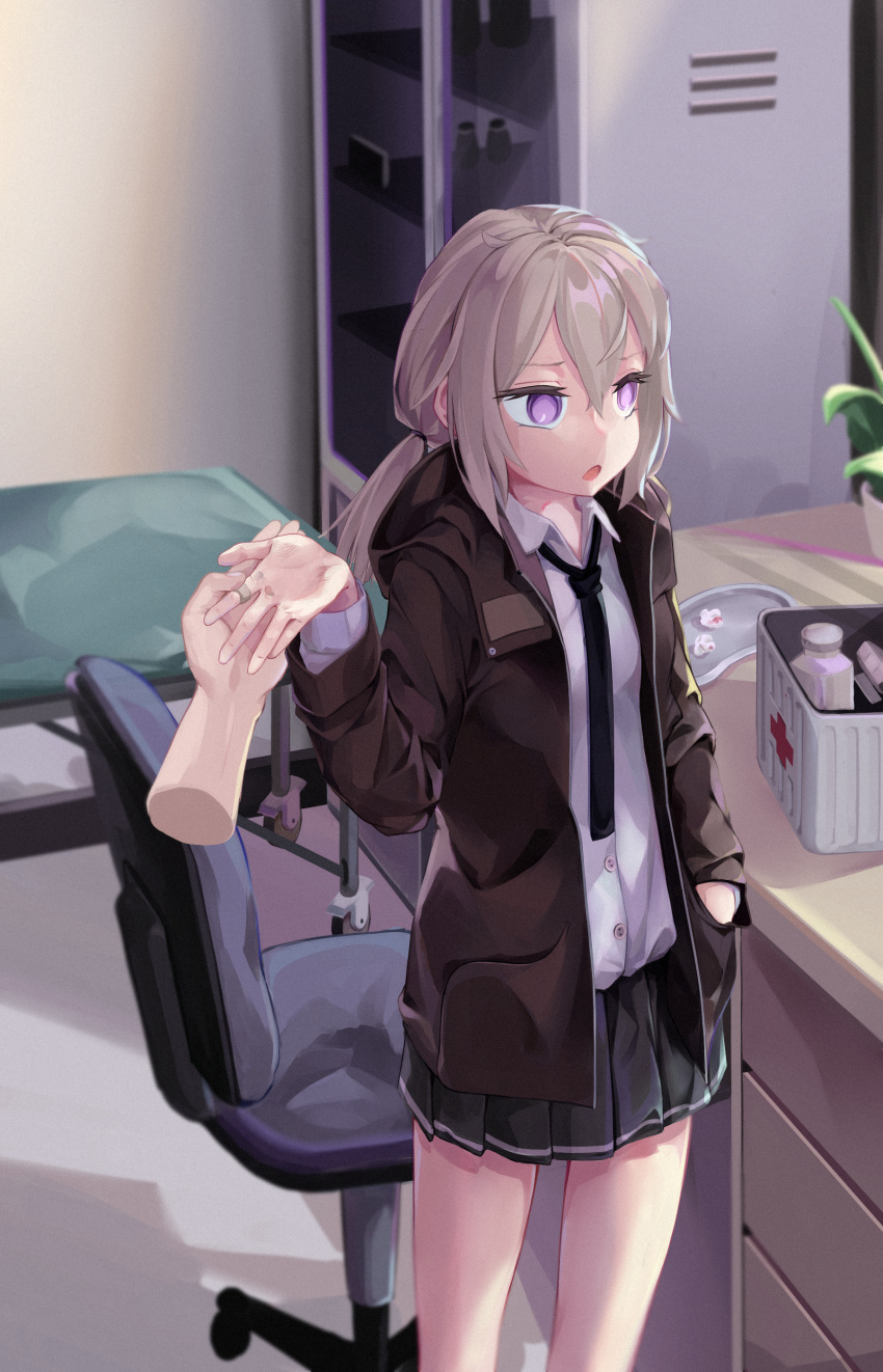 absurdres bandaid brown_jacket bruise buttons fingers first_aid_kit girls'_frontline hand_in_pocket highres holding_hands injury jacket m200_(girls'_frontline) necktie shirt user_zzhx5244 white_shirt