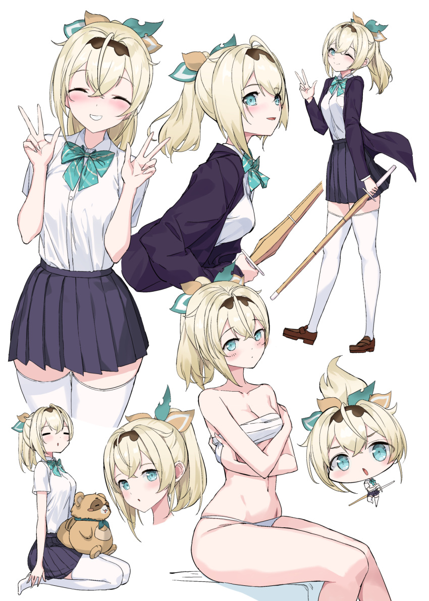 1girl ahoge animal_on_lap aqua_bow aqua_bowtie aqua_eyes aqua_ribbon black_hairband black_jacket black_skirt blonde_hair blush bokken bow bowtie breasts brown_footwear brown_ribbon chest_sarashi chibi cleavage closed_eyes collarbone collared_shirt crystal_shoujo double_v hair_between_eyes hair_ribbon hairband highres holding holding_sword holding_weapon hololive jacket kazama_iroha navel on_lap open_clothes open_jacket panties pleated_skirt ponytail ribbon sarashi school_uniform seiza shirt sitting skirt sword thighhighs underwear v weapon white_panties white_shirt white_thighhighs wooden_sword zettai_ryouiki