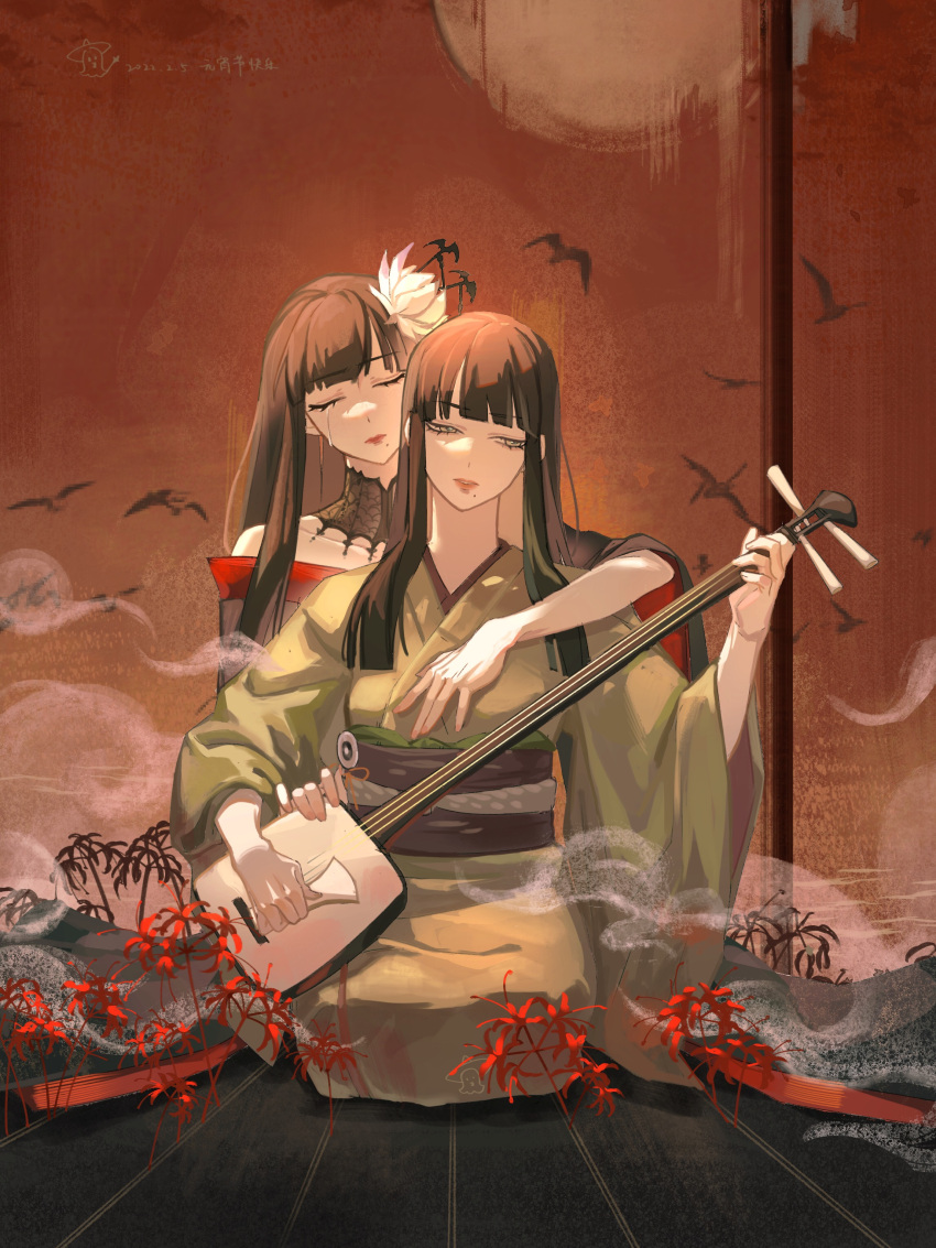 2girls absurdres arm_around_shoulder bat_hair_ornament black_collar black_hair blunt_bangs blunt_ends closed_eyes collar collarbone dual_persona epiphyllum facing_viewer final_fantasy final_fantasy_xiv flower folding_screen full_body green_eyes green_kimono hair_flower hair_ornament hair_stick half-closed_eyes highres holding holding_instrument hyur indoors instrument japanese_clothes kimono koto_(instrument) lace_collar long_hair mole mole_under_mouth multiple_girls music obi obiage obijime off_shoulder parted_lips playing_instrument red_flower sash seiza sitting smoke spider_lily straight_hair tears wide_sleeves yemao_zhangyu yotsuyu_goe_brutus