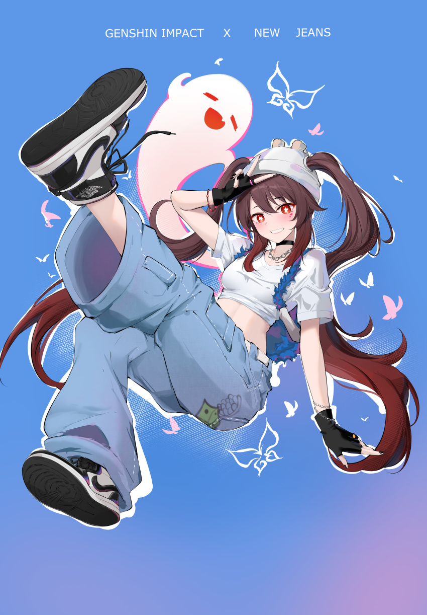 1girl absurdres air_jordan air_jordan_1 alternate_costume black_choker black_gloves blue_background boo_tao_(genshin_impact) brown_hair choker commentary cosplay crop_top denim duplicate facial_mark feint721 fingerless_gloves genshin_impact gloves grin haerin_(newjeans) haerin_(newjeans)_(cosplay) hair_between_eyes hat heart highres hu_tao_(genshin_impact) jeans jewelry k-pop long_hair looking_at_viewer midriff necklace newjeans nike pants pixel-perfect_duplicate real_life red_eyes shirt shoes short_sleeves smile sneakers solo stomach twintails very_long_hair white_headwear white_shirt