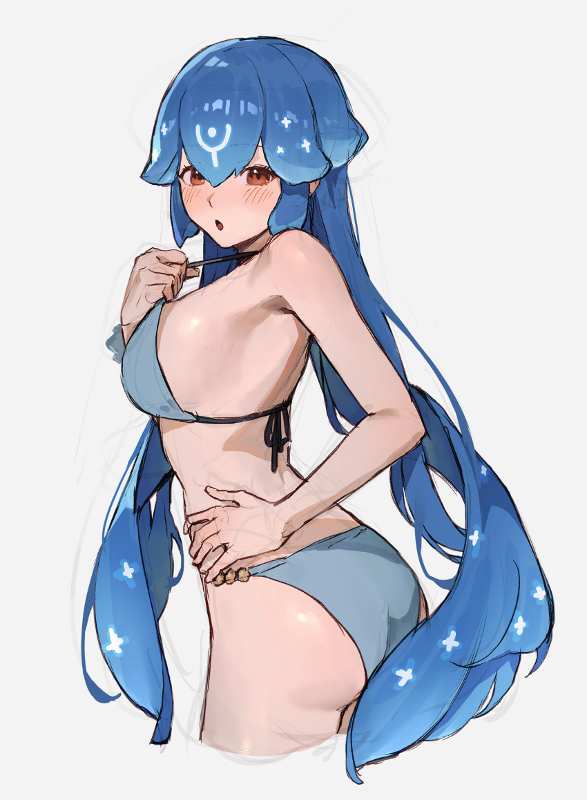 1girl absurdres ass bao_(vtuber) bare_shoulders bikini blue_bikini blue_hair breasts brown_eyes cleavage hand_on_own_hip highres indie_virtual_youtuber large_breasts long_hair looking_at_viewer low_twintails open_mouth sidelocks sketch sooon swimsuit thighs twintails virtual_youtuber white_background