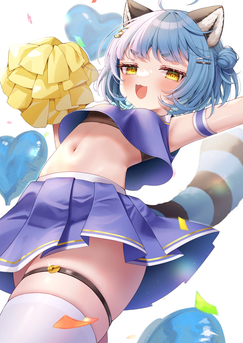 1girl :3 :d ahoge animal_ears blue_hair blue_shirt blue_skirt blush breasts cheerleader commission cropped_shirt fang hair_bun highres holding holding_pom_poms idol_corp kawara_purin miniskirt navel open_mouth poko_rakun pom_pom_(cheerleading) raccoon_ears raccoon_girl raccoon_tail shirt short_eyebrows short_hair single_hair_bun skeb_commission skirt small_breasts smile solo striped_tail tail thighhighs virtual_youtuber white_thighhighs yellow_eyes