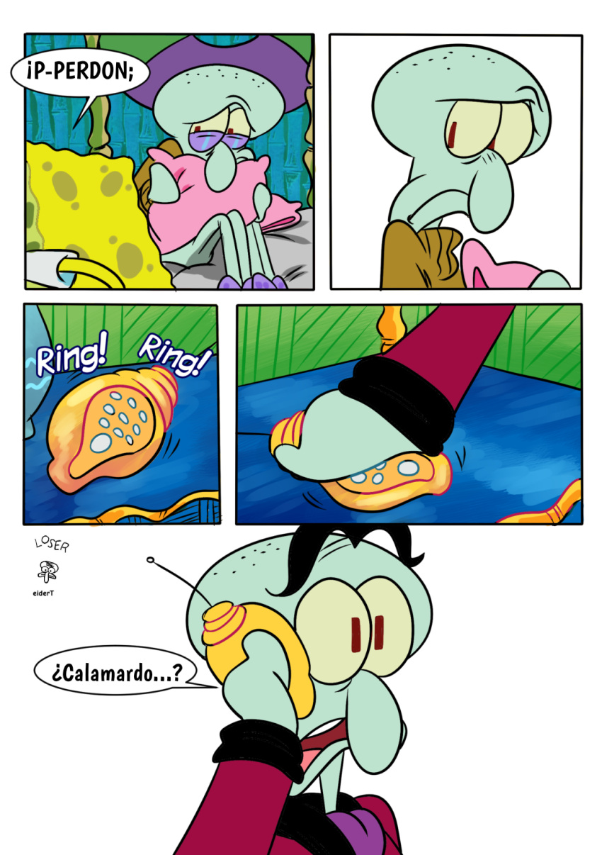 anthro cephalopod clothed clothing coleoid comic detailed_background dialogue group hi_res male marine mollusk nickelodeon octopodiform octopus on_model pancaketiffy sea_sponge spanish_text speech_bubble spongebob_squarepants spongebob_squarepants_(character) squidward_tentacles squilliam_fancyson text toony translation_check translation_request trio