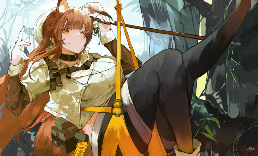 absurdres animal_ears arknights breasts brown_eyes brown_hair character_doll crop_top cropped_shirt fox_ears fox_girl franka_(arknights) franka_(rainforest_me_rainbow)_(arknights) hanging harness highres leaf liskarm_(arknights) long_hair official_alternate_costume outdoors tree very_long_hair yuki_flourish