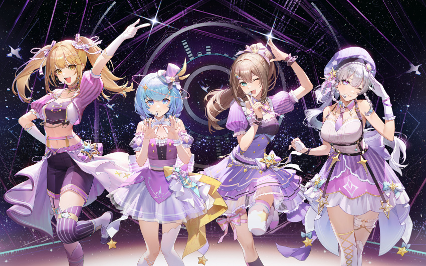 4girls :3 :d ;) ;d arm_up asymmetrical_legwear bare_shoulders bekki_(vtuber) beret black_socks blonde_hair blue_eyes blue_hair bob_cut boots bow braided_sidelock breasts brown_hair cropped_jacket dark_background detached_collar detached_sleeves dress dress_bow feet_out_of_frame finger_to_mouth foot_out_of_frame gloves green_eyes grey_hair gui_mi hair_ribbon hand_on_own_head hand_on_own_hip hand_up hands_up hat hat_bow hat_feather headset heart heart_hands highres idol idol_clothes index_finger_raised jacket knee_boots knees_together_feet_apart leg_ribbon leg_up lian_(vtuber) light_particles long_hair mini_hat mini_top_hat mismatched_legwear multiple_girls music navel neck_ribbon necktie o-ring o-ring_thigh_strap official_art one_eye_closed overskirt partially_fingerless_gloves pink_ribbon ponytail puffy_short_sleeves puffy_sleeves purple_dress purple_headwear purple_jacket purple_necktie purple_ribbon purple_shorts purple_thighhighs queenie_(vtuber) ribbon short_dress short_sleeves shorts singing single_sock single_thighhigh sixiwanzi sleeveless sleeveless_dress smile socks sparkle standing standing_on_one_leg stomach strapless striped striped_thighhighs thigh_ribbon thigh_strap thighhighs tilted_headwear top_hat tube_top twintails uneven_legwear vertical-striped_thighhighs vertical_stripes virtual_youtuber white_footwear white_gloves white_socks white_thighhighs wrist_cuffs yellow_eyes yoyi_(vtuber)