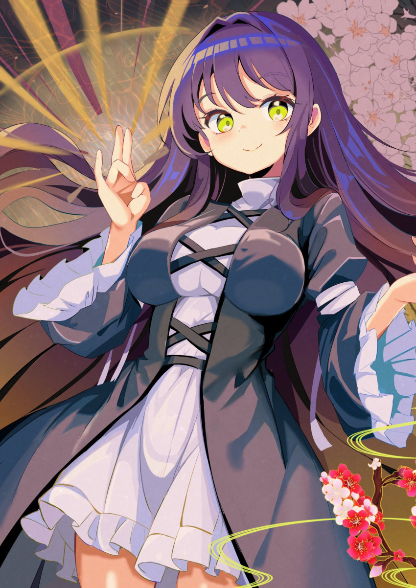 1girl breasts cherry_blossoms closed_mouth cowboy_shot dress floating_hair flower gradient_hair hand_up harakune_(mugennero) highres hijiri_byakuren large_breasts long_hair multicolored_hair pink_flower simple_background smile solo touhou very_long_hair yellow_eyes