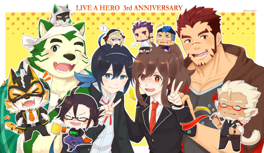 absurd_res akashi_(live_a_hero) anthro blush canid canine canis chibi clothing crowne_(live_a_hero) domestic_dog exio eyebrows felid female female_operator fur gesture group hi_res huckle human katou_hsm153 lifewonders live_a_hero male mammal mask melide mokdai monomasa necktie one_eye_closed pantherine protagonist_(live_a_hero) ryekie_(live_a_hero) striped_body striped_fur stripes sui_(live_a_hero) suit superhero thick_eyebrows tiger v_sign wink yoshiori_(live_a_hero)