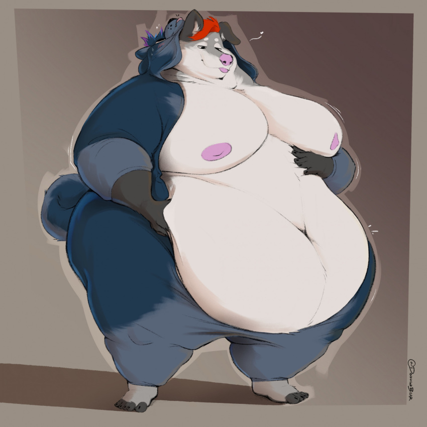 &lt;3 2023 anthro areola belly_grab belly_overhang belly_squeeze big_moobs blep blush bodily_fluids canid canine canis clothing costume curled_tail domestic_dog double_chin fur grey_body grey_fur hair hand_on_stomach hi_res huge_belly kigurumi looking_at_self male mammal minedoo moobs narrowed_eyes navel nipples obese obese_anthro obese_male onesie overweight overweight_anthro overweight_male pink_areola pink_nipples red_hair simple_background smile solo standing sweat tail thick_thighs tongue tongue_out white_body white_fur wide_hips