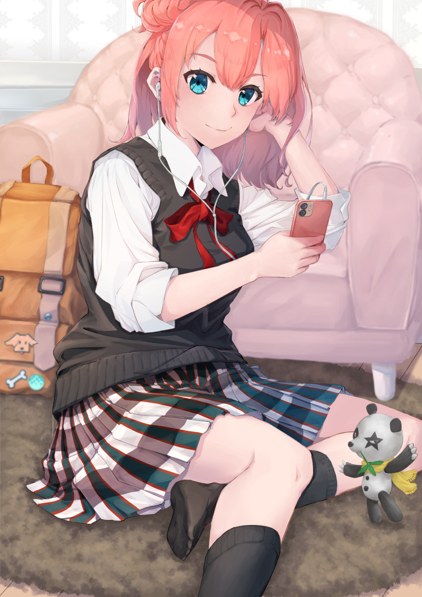 1girl agmt aqua_eyes bag black_socks black_sweater_vest cellphone chair closed_mouth collared_shirt earphones hair_bun head_rest highres holding holding_phone indoors listening_to_music looking_at_viewer lying neck_ribbon on_floor on_side orange_hair phone plaid plaid_skirt pleated_skirt red_ribbon ribbon school_bag shirt single_hair_bun single_side_bun skirt smartphone socks solo stuffed_animal stuffed_panda stuffed_toy sweater_vest white_shirt yahari_ore_no_seishun_lovecome_wa_machigatteiru. yuigahama_yui