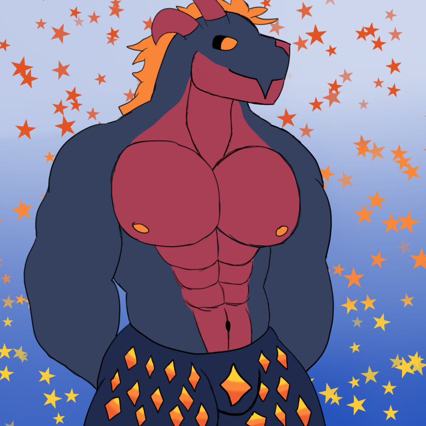 abs absurd_res anthro clothed clothing dragon hair hi_res horn male muscular muscular_anthro muscular_male nipples partially_clothed pecs scalie smile solo standing unknownzerr0