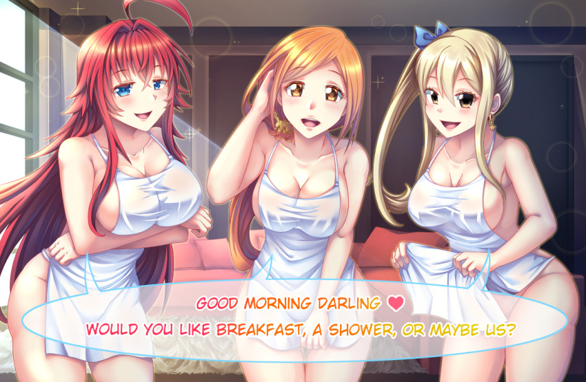 3girls :d adjusting_hair ahoge apron apron_lift arkfield arms_under_breasts bangs bleach blonde_hair blue_bow blue_eyes bow breasts brown_eyes cleavage collarbone commission couch crossed_bangs crossover dialogue_box drop_earrings earrings english_text fairy_tail hair_between_eyes hair_bow hair_intakes hair_ornament hair_scrunchie high_school_dxd indoors inoue_orihime jewelry large_breasts leaning_forward lifted_by_self long_hair looking_at_viewer lucy_heartfilia mixed-language_commentary multiple_girls naked_apron orange_hair red_hair rias_gremory rug scrunchie side_ponytail single_earring smile sunlight teeth thighs upper_teeth_only white_apron window yellow_scrunchie