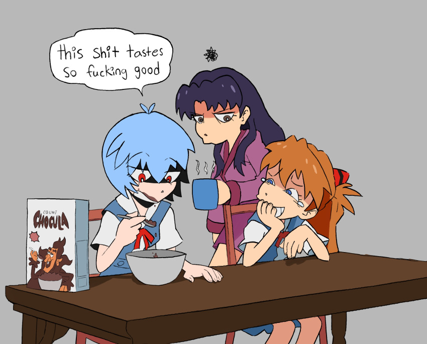 3girls ayanami_rei blue_eyes blue_hair bowl brown_eyes brown_hair cereal cereal_box chair chimeraenvy count_chocula cup eating english_text general_mills highres holding holding_cup holding_spoon katsuragi_misato long_hair mug multiple_girls neon_genesis_evangelion profanity purple_hair purple_robe red_eyes robe school_uniform shaded_face short_hair souryuu_asuka_langley spoon squiggle table tokyo-3_middle_school_uniform