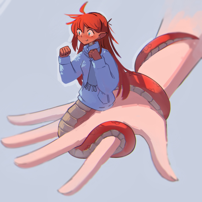 1girl absurdres ahoge blue_scarf blue_sweater clenched_hands coiled colored_skin fang hands_up highres lamia mini_person minigirl monster_girl nradiowave original pointy_ears red_hair red_scales red_skin scales scarf sweater