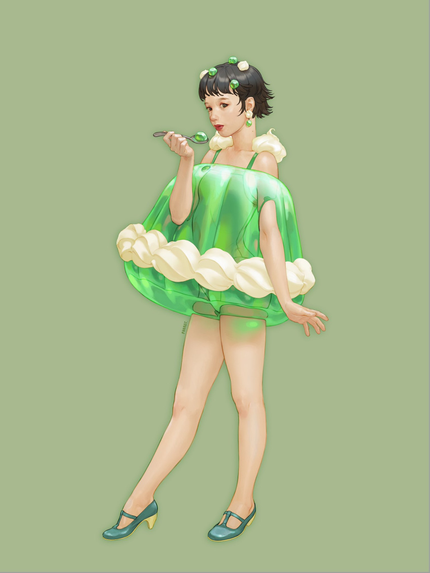 1girl aqua_footwear black_hair brown_eyes eating fashion full_body green_background green_one-piece_swimsuit high_heels highres holding holding_spoon jellow one-piece_swimsuit original parrot30198432 red_lips short_hair spoon swimsuit whipped_cream