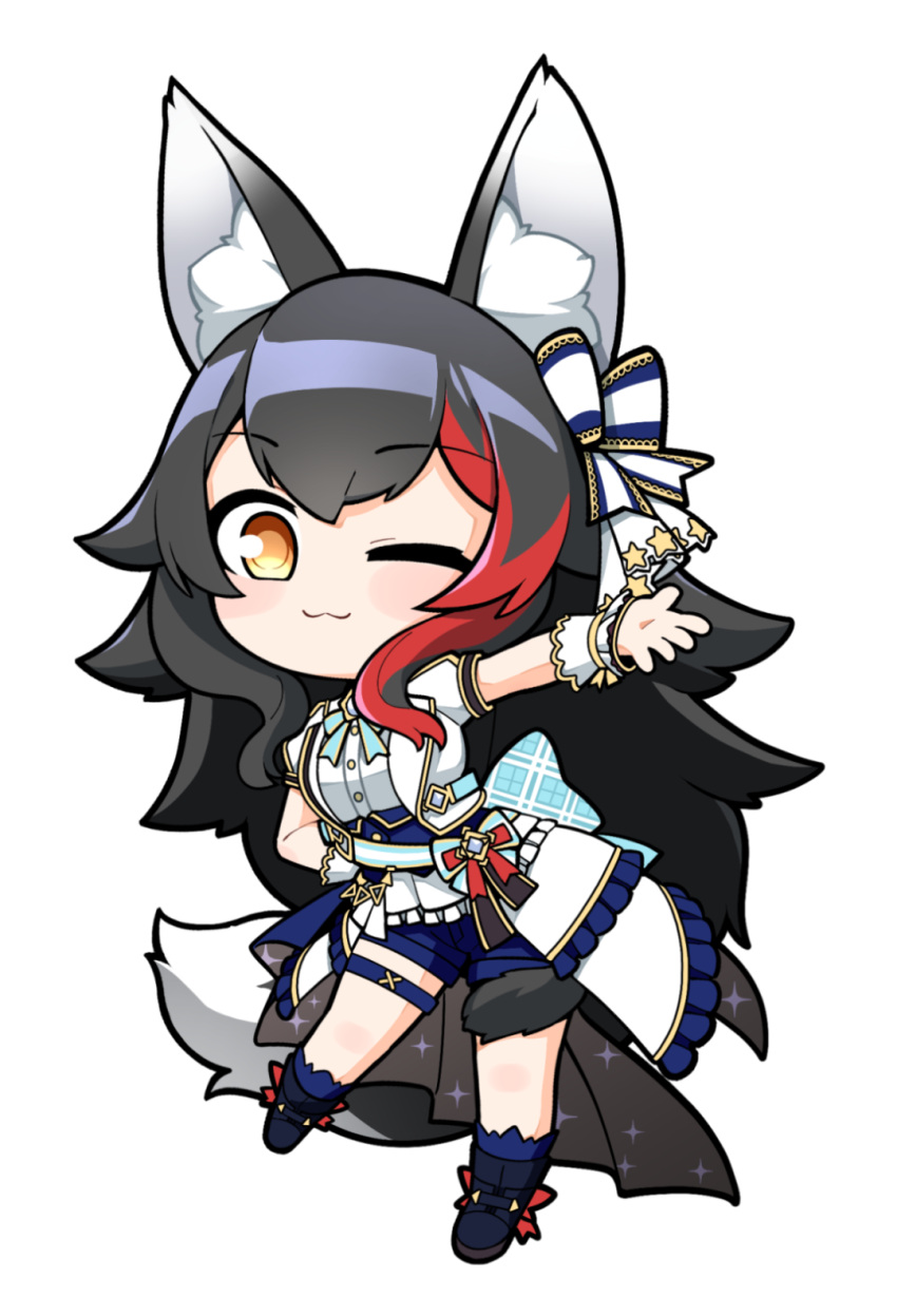 1girl ;3 animal_ear_fluff animal_ears back_bow beckoning black_hair blue_shorts blue_skirt bow bowtie chibi closed_mouth flipped_hair hand_on_own_hip highres hololive hololive_idol_uniform_(bright) jacket jb_jagbung large_bow long_hair low-tied_long_hair multicolored_hair one_eye_closed ookami_mio overskirt puffy_short_sleeves puffy_sleeves reaching reaching_towards_viewer red_hair sash shirt short_sleeves shorts simple_background skirt solo spiked_hair streaked_hair tail tail_around_own_leg tail_wrap thigh_strap transparent_background underbust very_long_hair virtual_youtuber waist_bow white_hair white_jacket white_shirt white_skirt wolf_ears wolf_girl wolf_tail yellow_eyes