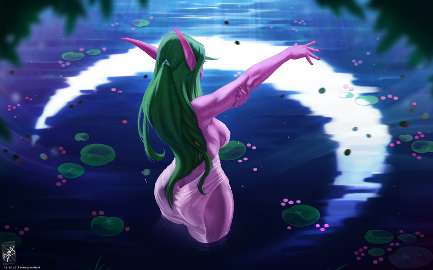 1girl arm_up artist_name ass breasts colored_skin dated dress elf green_hair highres large_breasts long_hair night night_elf_(warcraft) outdoors outstretched_arm pink_skin pointy_ears signature solo themaestronoob tyrande_whisperwind wading warcraft water wet wet_clothes white_dress world_of_warcraft