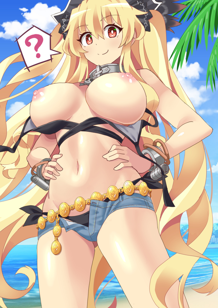 1girl ? anne_bonny_(fate) anne_bonny_(swimsuit_archer)_(fate) anne_bonny_(swimsuit_archer)_(first_ascension)_(fate) bare_shoulders beach belly_chain bikini black_bikini black_headwear blonde_hair blue_shorts blue_sky blush breasts breasts_out collar cuffs denim denim_shorts fate/grand_order fate_(series) hat highres jewelry large_breasts long_hair looking_at_viewer metal_collar navel nipples open_fly pirate_hat red_eyes shore short_shorts shorts sky smile solo swimsuit thighs two_side_up xiafuizui