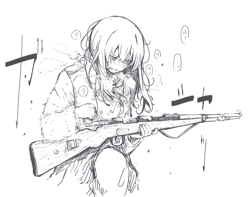 1girl absurdres blonde_hair bolt_action cold fog german_army gun hair_between_eyes heavy_breathing highres holding holding_gun holding_weapon long_hair long_sleeves looking_down messy_hair military military_uniform monochrome original rifle scarf shell_casing shichisaburo sidelocks solo translation_request uniform weapon world_war_ii