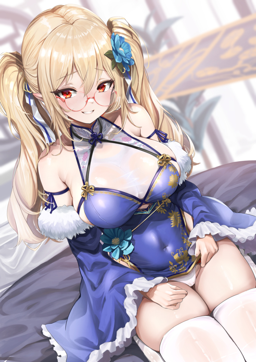 1girl ayamo_kaoru bare_shoulders blonde_hair blue_dress blue_flower blue_sleeves breasts cleavage clothes_lift clothing_cutout commission covered_navel dress dress_lift flower frilled_sleeves frills fur-trimmed_sleeves fur_trim glasses hair_between_eyes hair_flower hair_ornament hair_ribbon highres kneeling large_breasts lifted_by_self original panties plant pointy_ears red_eyes ribbon round_eyewear see-through see-through_cleavage skeb_commission solo thighhighs twintails underwear white_panties white_ribbon white_thighhighs wide_sleeves