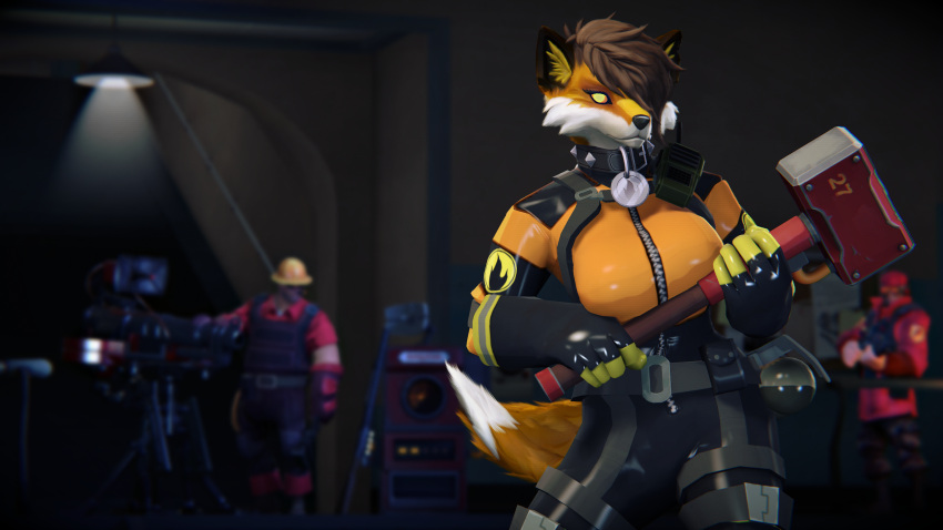 16:9 3d_(artwork) 4k absurd_res anthro black_clothing blurred_background brown_body brown_fur brown_hair canid canine cheek_tuft chromatic_aberration cinder_(huskytheprotogen) clothing collar digital_media_(artwork) dispenser_(team_fortress_2) engineer_(team_fortress_2) epic_games explosives eyelashes facial_tuft female fempyro fennix_(fortnite) fortnite fox fur gloved_hands gloves glowing glowing_eyes grenade group hair hair_over_eye hammer handwear hi_res huskytheprotogen inner_ear_fluff looking_at_viewer mammal one_eye_obstructed orange_body orange_clothing orange_fur pyro_(team_fortress_2) red_fox sentry_gun_(team_fortress_2) soldier_(team_fortress_2) source_filmmaker straps tail team_fortress_2 tools trio tuft turnout_gear valve walkie-talkie weapon white_body white_fur widescreen yellow_eyes