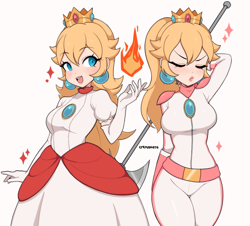 2girls alternate_costume alternate_hairstyle arm_behind_back arm_behind_head axe biker_clothes bikesuit blonde_hair blue_eyes bodysuit breasts closed_eyes cremanata crown dress earrings fire fire_flower_(transformation) halberd hand_up highres holding holding_axe jewelry looking_at_viewer looking_to_the_side mario_(series) medium_breasts multiple_girls official_alternate_costume official_alternate_hairstyle open_mouth pearl_earrings polearm ponytail princess_peach simple_background smile sparkle super_mario_bros._1 the_super_mario_bros._movie thighs weapon white_background white_dress wide_hips