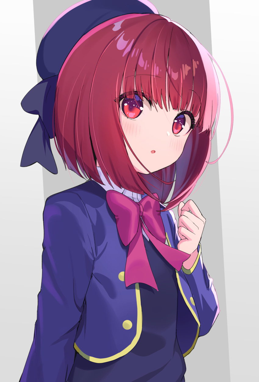 1girl :o absurdres arima_kana beret black_dress blue_headwear blue_jacket blush bow collared_shirt commentary cropped_jacket dress gradient_background grey_background hand_up hat highres jacket long_sleeves looking_at_viewer ohihil open_clothes open_jacket oshi_no_ko parted_lips pink_bow red_eyes red_hair revision shirt solo white_background white_shirt