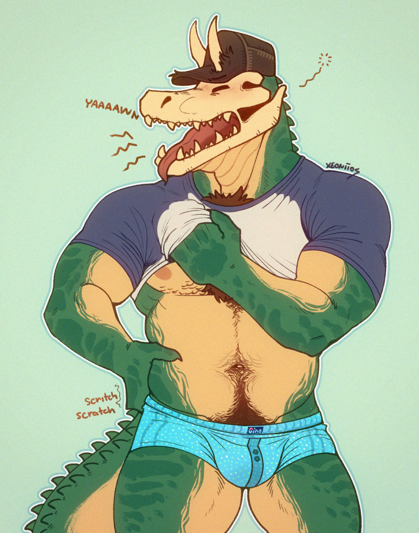 2021 absurd_res anthro artist_name blue_clothing blue_shirt blue_topwear blue_underwear brown_hair chest_tuft clothed clothing clothing_lift countershading crocodile crocodilian crocodylid eyes_closed front_view green_body green_scales hair hand_on_chest hand_on_side hand_under_shirt hat headgear headwear hi_res horn_through_clothing male muscular muscular_anthro muscular_male navel nipples non-mammal_hair non-mammal_navel non-mammal_nipples onomatopoeia open_mouth pubes reptile scales scalie sharp_teeth shirt shirt_lift solo sound_effects tail tail_ridge tan_body teeth text text_on_clothing text_on_underwear tight_clothing tight_shirt tight_topwear tongue tongue_out tony_(xeoniios) topwear tuft underwear xeoniios yawn