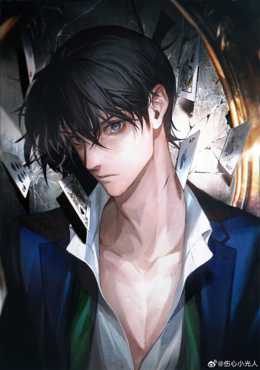 1boy absurdres ace_(playing_card) ace_of_spades blue_eyes blue_jacket broken_mirror card collarbone formal hair_between_eyes highres jacket joker_(card) king_(playing_card) kudou_shin'ichi looking_at_viewer male_focus meitantei_conan mirror partially_unbuttoned playing_card queen_(playing_card) school_uniform shirt short_hair solo spade_(shape) suit teitan_high_school_uniform ticket531