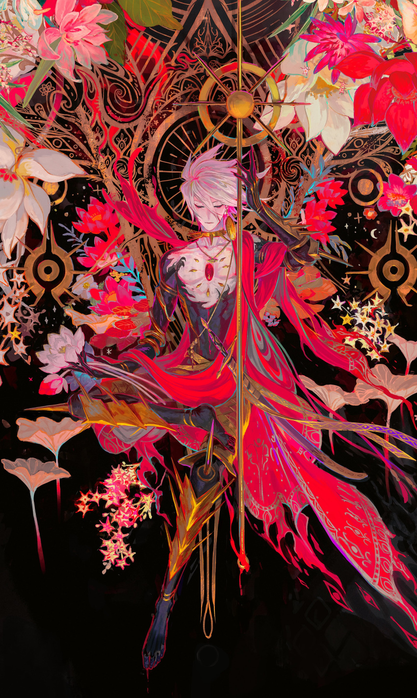 1boy absurdres black_bodysuit bodysuit chest_jewel choker closed_eyes earrings egawa_akira eyeshadow fate/grand_order fate_(series) floral_background floral_print full_body gold highres holding holding_polearm holding_weapon indian_clothes jewelry karna_(fate) makeup male_focus pale_skin polearm red_eyeshadow sheath sheathed short_hair solo spiked_choker spikes straight-on sword vasavi_shakti_(fate) weapon white_hair