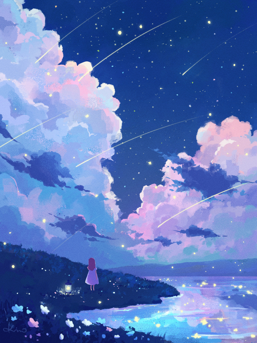 1girl absurdres afloat brown_hair cloud cloudy_sky dress flower grass highres lantern long_hair mountainous_horizon night original shooting_star shore short_sleeves signature sky star_(sky) star_(symbol) starry_sky water white_dress yuzuki_kino