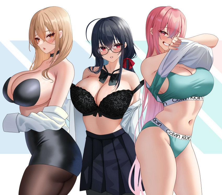3girls absurdres ahoge arms_up ass azur_lane bare_shoulders black_bow black_bowtie black_bra black_choker black_hair black_pantyhose black_skirt blonde_hair blush bow bowtie bra brand_name_imitation breasts bremerton_(azur_lane) bremerton_(scorching-hot_training)_(azur_lane) choker cleavage collarbone commentary_request cowboy_shot crossed_bangs fujioni glasses green_sports_bra grey_hair grin hair_between_eyes hair_down highres implacable_(azur_lane) implacable_(shepherd_of_the_"lost")_(azur_lane) large_breasts long_bangs long_hair long_sleeves looking_at_viewer loose_bowtie low_twintails midriff mole mole_on_breast mole_under_eye multicolored_hair multiple_girls navel off_shoulder official_alternate_costume pantyhose parted_lips pencil_skirt pink_eyes pink_hair pleated_skirt red_eyes red_ribbon ribbon school_uniform shirt sidelocks skindentation skirt sleeveless sleeveless_shirt smile sports_bikini sports_bra sportswear standing strapless strapless_bra streaked_hair taihou_(azur_lane) taihou_(sweet_time_after_school)_(azur_lane) teeth tennis_uniform twintails two-tone_hair two-tone_shirt underwear undressing very_long_hair white_shirt