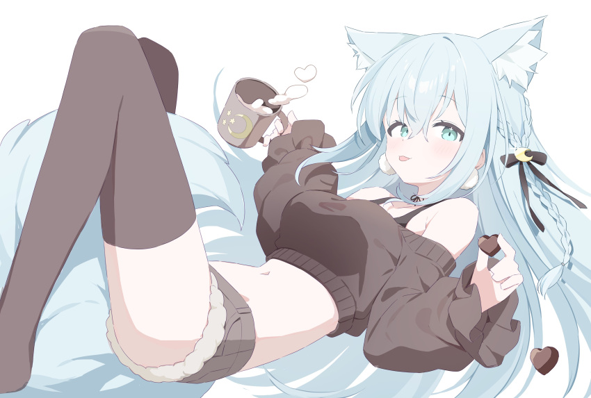 1girl absurdres animal_ears aqua_eyes bare_shoulders between_legs black_thighhighs blue_hair crop_top cup fox_ears fox_tail hair_between_eyes highres holding holding_cup long_hair lying midriff navel off-shoulder_sweater off_shoulder original short_shorts shorts simple_background solo sweater tail tail_between_legs thighhighs tongue tongue_out urotsuki_(2013.04) very_long_hair virtual_youtuber white_background