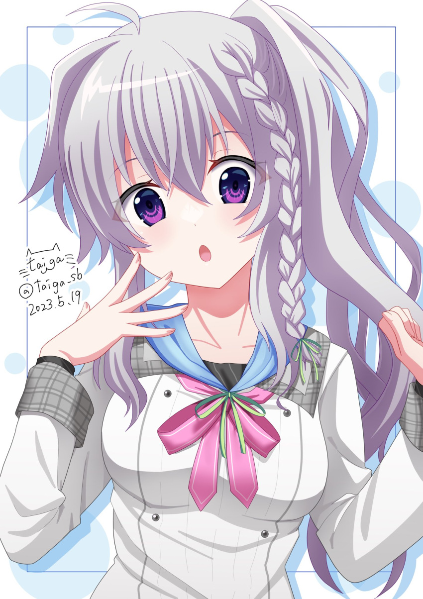 1girl 2023 9-nine- :o ahoge blush braid breasts clenched_hand collar commentary_request dated dress drop_shadow eyelashes eyes_visible_through_hair fingernails green_ribbon grey_collar grey_hair hair_between_eyes hair_ribbon hands_up happy_birthday head_tilt highres long_hair long_sleeves looking_at_viewer medium_breasts niimi_sora open_hand open_mouth pink_ribbon purple_eyes ribbon school_uniform side_ponytail sidelocks signature simple_background single_braid solo surprised taiga_sb twitter_username upper_body wavy_hair white_background white_dress wide-eyed